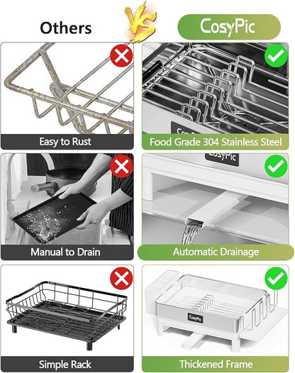 CosyPic Dish Racks, Thicker Premium 304 Stainless Steel Dish Drying Rack for Kitchen Counter, Automatic Drainage Spout, Dish Drainer & Drainboard Set with Utensil Holder and Cup Holder, White