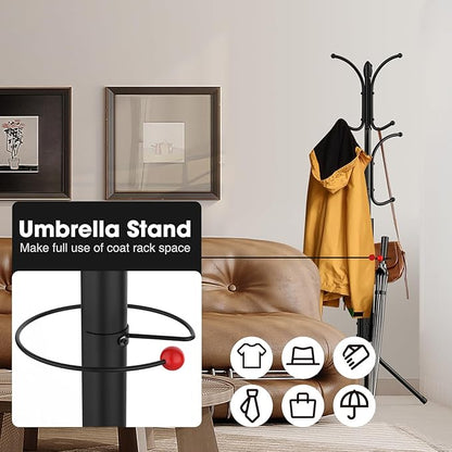Coat Rack Freestanding,12 Hooks Metal Coat Racks with Umbrella Holder,Sturdy Hall Rree,Easy Assembly Coat Rack Stand for Hanging Scarf,Purse,Hats,Jacket(Black)