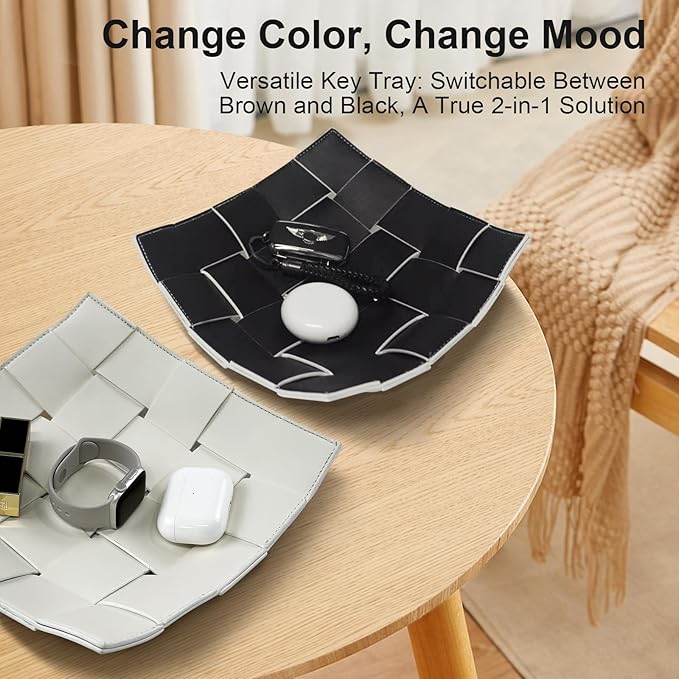 MSJGA Valet Tray for Men and Women PU Leather Key Holder Bowl for Entryway Table Bedside Nightstand Desk Catchall Organizer Tray for Wallet, Watch, Key, Phone Men's Gift - 9.8" L x 9.8" W x 2" H