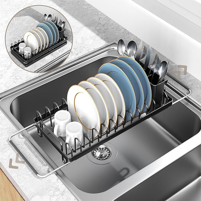 CHLORYARD Small Dish Drying Rack Over The Sink, Compact Dish Rack with Silicone Mat for Kitchen Counter, Expandable Dish Drainers Drying Rack Used in Sink & on Countertop, Black