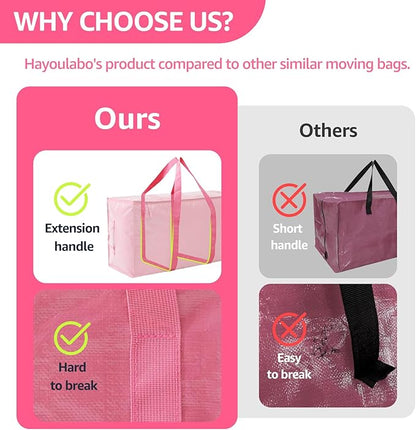 Moving Bags Heavy Duty Extra Large, Moving Boxes, Moving Supplies Essentials,Storage Bins with Lids, Plastic Packing Totes, Storage Bags for Clothes with Handles & Zippers(Pink, 4 Pack)