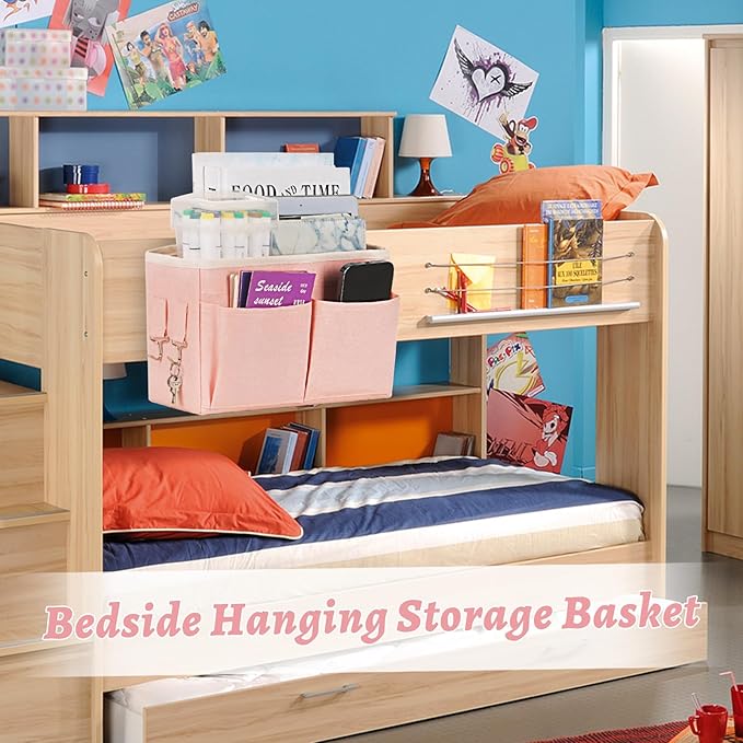 Frjjthchy Bedside Caddy Hanging Storage with Water Bottle Holder for Bunk Bed Hospital Bed Dorm Rooms (Pink)
