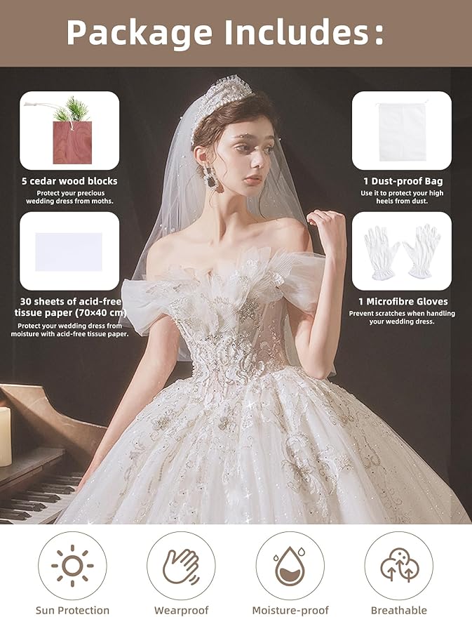 Coorganisers Wedding Dress Storage Box, Large Wedding Dress Preservation Box with 5 Cedar Wood Blocks, 30 Sheets of Acid-Free Tissue Paper, Microfiber Gloves, and Dust-Proof Bag-Beige Color