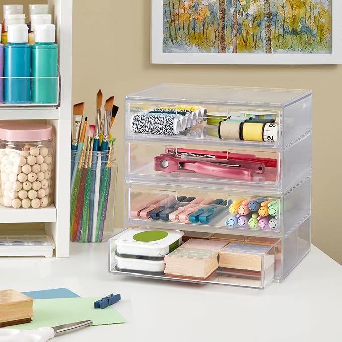 STORi Chloe Space-Saving Clear Drawer Organizer (4 Wide Drawers) Sort Office, Kitchen, Beauty Supplies, Makeup, Pens, Jewelry, Stationary, Made in USA