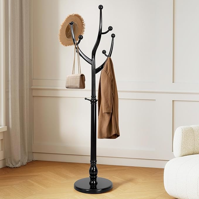 Freestanding Rubberwood Coat Rack, 11 Hooks & 16.5" Wide Round Base, Wooden Coat Rack Stand, Coat Hanger Free Standing Hall Tree for Entryway, Hallway, Bedroom, Jacket, Clothes (Black)