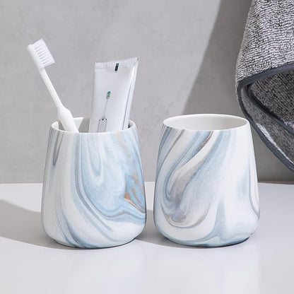 2Pcs Toothbrush Holder for Bathroom - Marble Blue Ceramic Tooth Brushing Holders Set, Toothbrush Cup & Toothpaste Organizer for Bathroom Countertop, Makeup Brush Holder, Pen Holder for Home Storage