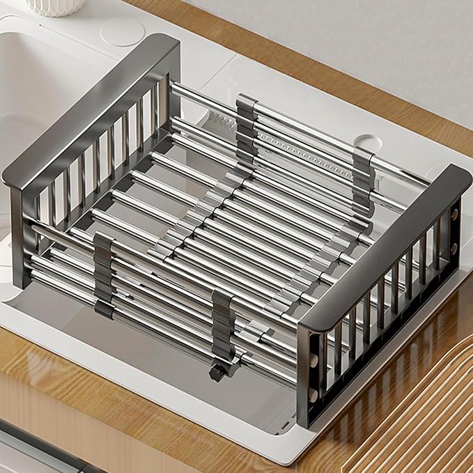 Large Dish Drying Rack for Kitchen Counter/Sink, Expandable Stainless Steel Sink Organization and Storage Essentials, Home and Appartment Decor, 8.86" W x 11.22"-18.5" L,Black
