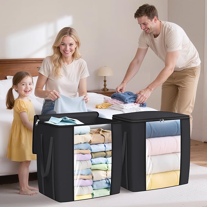 TasticTotes 120L Extra Large Clothes Storage Bags, Foldable Blanket Storage and Organization, Thick Fabric Containers with Reinforced Handles & Zippers for Clothing, Comforters, Bedding, Black, 1 Pack