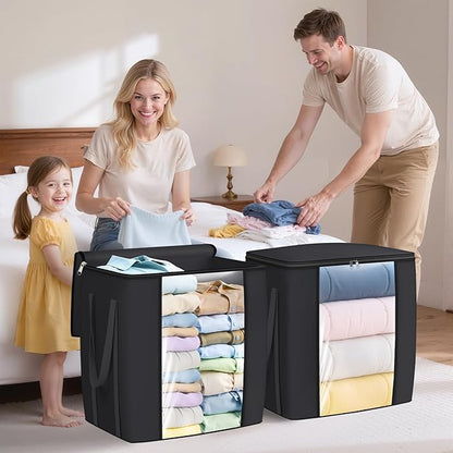 TasticTotes 120L Extra Large Clothes Storage Bags, Foldable Blanket Storage and Organization, Thick Fabric Containers with Reinforced Handles & Zippers for Clothing, Comforters, Bedding, Black, 1 Pack