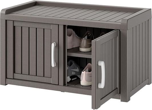 NUNU LAB Shoe Cabinet, Waterproof UV-Resistant Outdoor/Indoor Shoe Storage Cabinet with Adjustable Shelves, Shoe Organizer Bench with 2 Barn Doors for Foyer, Hallway, Living Room, Black