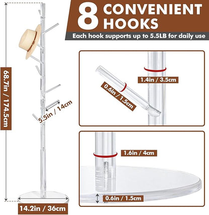KOLUTI Acrylic Coat Rack Stand, with 8 Hooks 3 Section Adjustable Height, Hats Bags Jacket Clothes Scarves Hanger Organizer Tree Shaped Shelf Umbrella Holder, for Bedroom Entryway Living Room Office