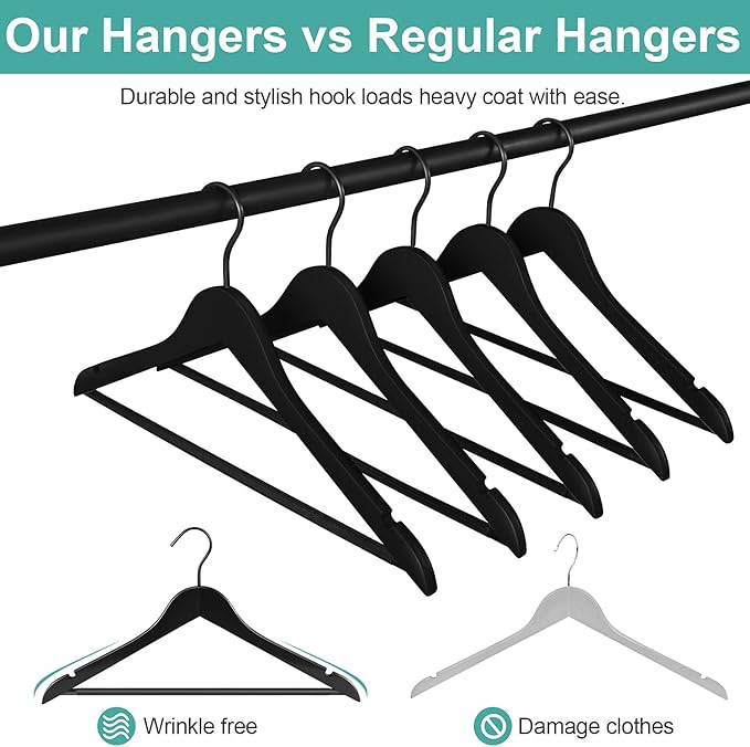Perfecasa Grade A Real Wood Hangers 20 Pack, Suit, Coat, Solid Wood Construction, Smooth Finishes, Non-Slip Pants Bars, Soft Coated Hooks, 360° Swivel Hooks, Premium Quality Wooden Hangers (Black)