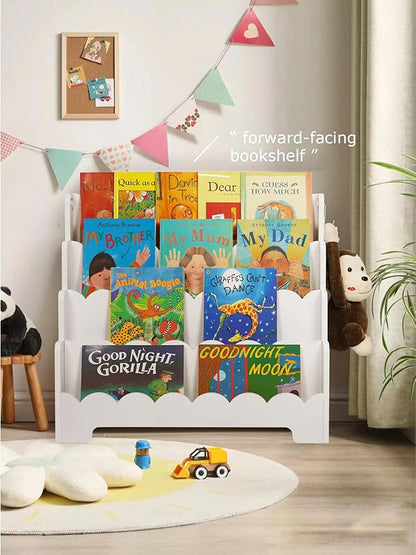 Kids Bookshelf Wooden 4-Tier, Scalloped Book Shelf for Kids Rooms, Front Facing Toddler Montessori Bookshelf, Baby Nursery Book Shelves Kid Classroom Book Shelf Bookcase