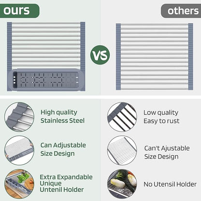 BBXTYLY Stainless Steel Extra Large Gray Drying Rack, Over The Sink, Expandable Roll Up Kitchen Drainer, Includes Removable Utensil Holder (13.6''-25.1'')