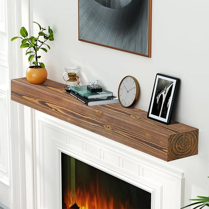 ROOMTEC Fireplace Mantel, 72" Floating Fireplace Shelves, Wall Mounted Wooden Display Shelving, Handcrafted Wood Brack, Natural Mantels Over Fireplace | 72" x 8" x 6" - Brown