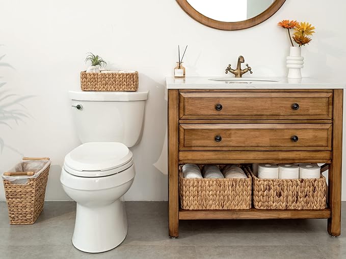 StorageWorks Water Hyacinth Storage Baskets, Square Wicker Baskets with Built-in Handles, Hand-Woven Baskets for Bedroom, Bathroom, Pantry, Shelves, Set of 3 (1PC Large, 2PCS Medium)