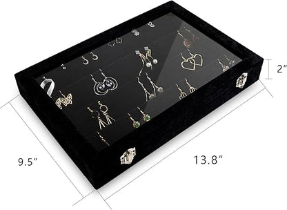 Frebeauty Earring Organizer Tray with Clear Lid 64 Slots Velvet Drawer Insert Earring Storage box with Transparent Glass lid Jewelry Display Case with lock Gifts for Women (Black, Earrings)
