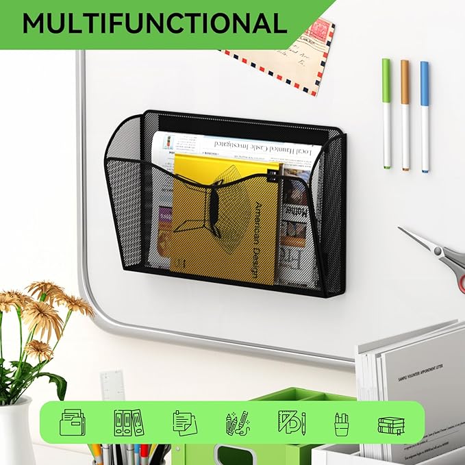 Magnetic File Holder - Heavy Duty Wall File Organizer for Refrigerator & Whiteboard - Strong Magnet Mail Holder & Magazine Rack, No Drilling Document Storage Basket for Office Cabinet