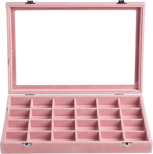 Frebeauty Velvet Jewelry Tray,24 Grid Jewelry Organizer with Clear Lid,Earring Holder Organizer with Clasp,Drawer Insert Rings Pendants Brooches,13.8 x 9.5 x 2 Inches,Gift for Women(Pink)
