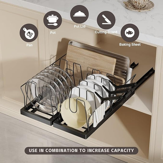 Magheo 2 Pack Pots and Pans Organizer Under Cabinet, 22" Deep Expandable Pull Out Pot Lid Organizer and Storage with 10 Adjustable Dividers No Drill Pot and Pan Holder Rack with Handle Bracket(Black)