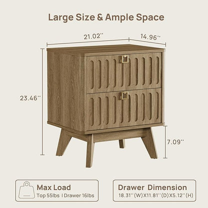 SICOTAS Modern Fluted Nightstand with 2 Drawers, 21" Wide Wood Bedside Table with Gold Handle, Mid-Century End Table for Bedroom, Apartment