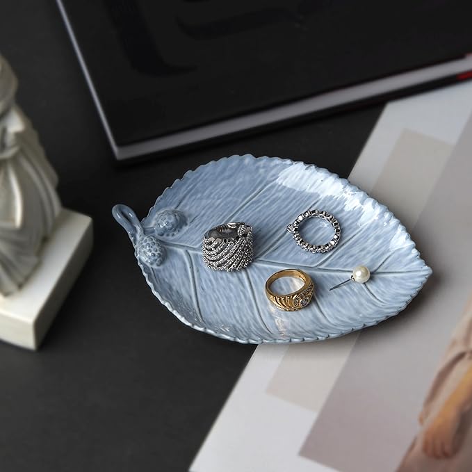 Ceramic Jewelry Dish, Decorative Tray for Rings Earrings Necklaces Bracelet Watch Keys, 4.50" Trinket Tray as Gifts for Women (Antique Leaf)
