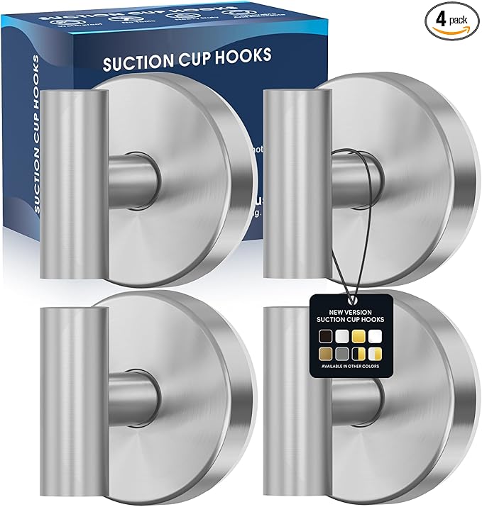 MOTAIPEAK Suction Cup Hooks for Shower,Heavy Duty Shower Towel Suction Hooks,No Drill Wall Mounted Towel Hooks for Bathrooms Wall,Kitchen,Glass,Mirror,Tile to Hang Towels,Robes,Coat-Silver(4 Pack)