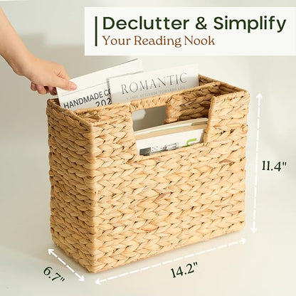 Wicker Magazine Basket, Handwoven Water Hyacinth Storage Bin & Organizer for Files, Books, Newspapers, Documents, Decorative Storage Bin with Handle for Office, Living Room, Dorm, Bathroom