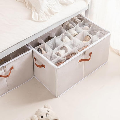 SLDYH Shoe Organizer for Closet, Tidy Up and Organize, Shoe Storage Easy to Store and Search, 12-20 Grid Fabric Shoe Box with Clear Cover (Beige, 20 Grids)