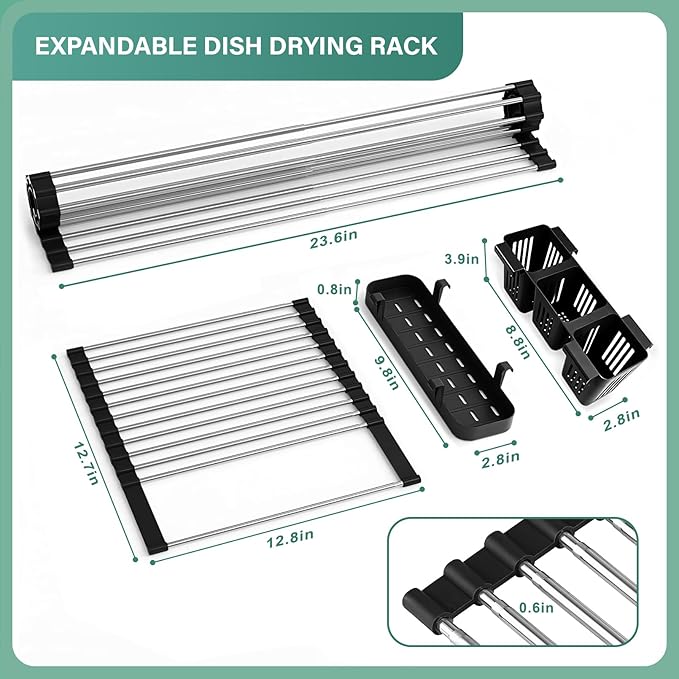 Hobychild Extra Large Expandable Roll Up Dish Drying Rack, 22.8 x 17.3 in with Expandable Storage Basket Over The Sink Rolling Dish Drainer, Foldable Sink Dish Drainer for Kitchen Counter,Black