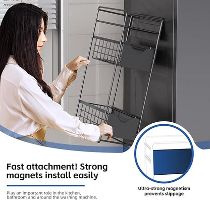 3 Tier Magnetic Shelves for Washing Machine with Pull Out Metal Drawer,Magnetic Spice Rack for Fridge,Magnetic Rack with no Installation, Versatile Storage Organizers for Home (Black, 3 Tier)