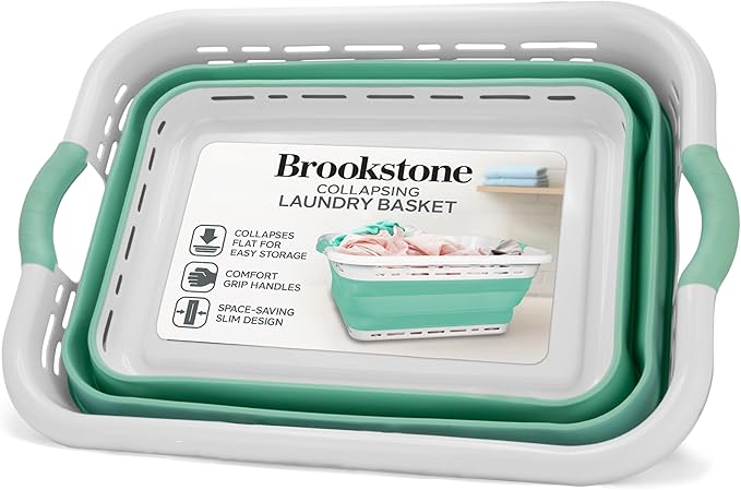 BROOKSTONE 11 GALLON XL 24" Collapsible Laundry Basket, Comfort Non-Slip Grip Handles, Modern Minimalist Space Saving Design, Portable Pop-Up Hamper, BPA FREE, Mint, Retail Package, 1 Basket