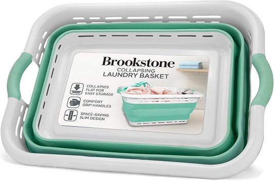 BROOKSTONE 11 GALLON XL 24" Collapsible Laundry Basket, Comfort Non-Slip Grip Handles, Modern Minimalist Space Saving Design, Portable Pop-Up Hamper, BPA FREE, Mint, Retail Package, 1 Basket