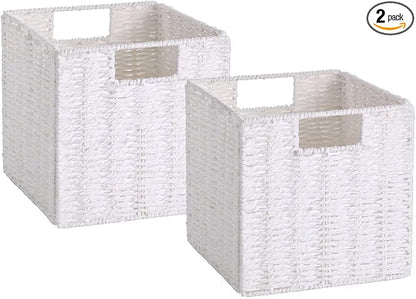 Vagusicc Wicker Storage Basket, Set of 2 Hand-Woven Storage Baskets for Organizing, Foldable Cube Storage Bins, 11 Inch Wicker Storage Baskets for Shelves and Decor, Square Closet Organizer, White