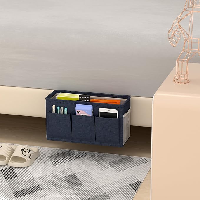 Edudif Dual-purpose Bedside Caddy Bedside Organizer, Bed Caddy with 6 Pockets, Versatile Bedside Storage Solution Magazine Remotes holder, ideal for Home, Dorm, Hospital, Crib Bed (Navy)