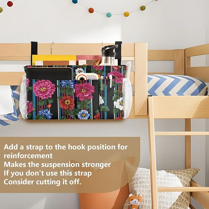CuwrYet Bedside Caddy Hanging Bunk Bed Caddy Bed Organizer Hanging Pocket with 2 Hooks Bedside Storage Organizer Pocket Bag Holder Mexican Flowers Stripe