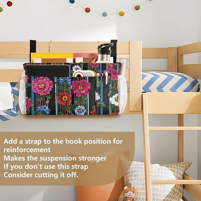 CuwrYet Bedside Caddy Hanging Bunk Bed Caddy Bed Organizer Hanging Pocket with 2 Hooks Bedside Storage Organizer Pocket Bag Holder Mexican Flowers Stripe
