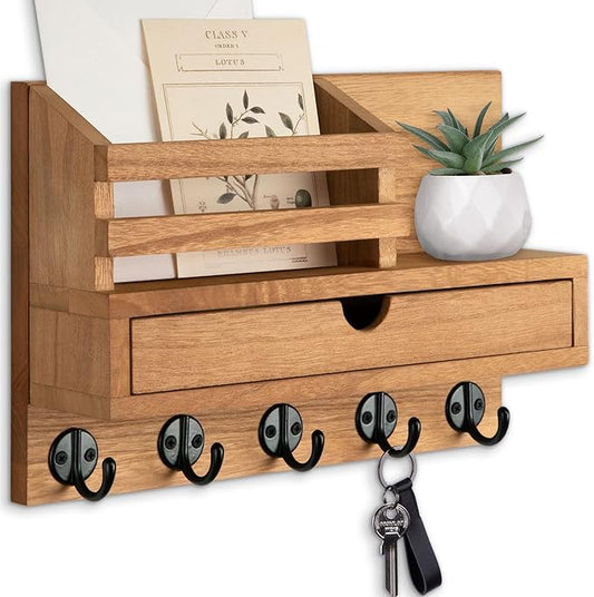 Key Holder Wall Mount, Mail Holder with Storage Drawer and 5 Key Hooks for Coat, Dog Leash, Home Decor Rack, House Accessories, Entry Way Organizer (Wood)