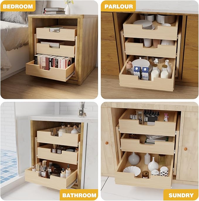 Pull Out Cabinet Organizer, 14''W×21''D×19''H Soft Close Slide Out Wooden Pull out Drawers, Three Tier Slide out Wood Cabinet Organizer, for Base Cabinet Organization in Kitchen, Pantry, Bathroom
