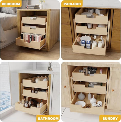 Pull Out Cabinet Organizer, 14''W×21''D×19''H Soft Close Slide Out Wooden Pull out Drawers, Three Tier Slide out Wood Cabinet Organizer, for Base Cabinet Organization in Kitchen, Pantry, Bathroom