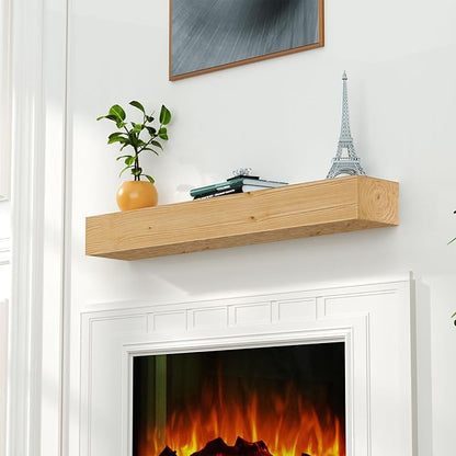 ROOMTEC 48"W x 8"D x 5"H Rustic Wood Floating Fireplace Mantel Shelf, 1 Shelf, Country Rustic Style, Wall Mount, Pine & Oak, Handcrafted, Water Resistant