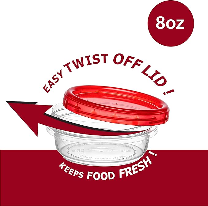 ELEGANT DISPOSABLES (8 Ounce 20 Pack) Twist cap Containers Clear Bottom With Red Top Screw on Lids Twist Top Food Storage Freezer Containers