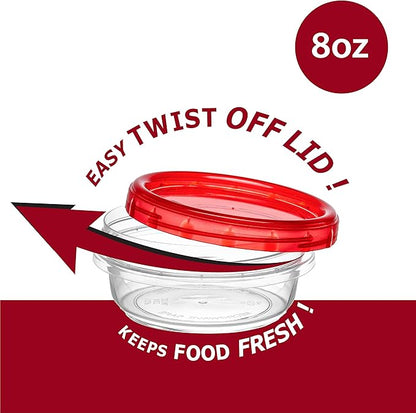 ELEGANT DISPOSABLES (8 Ounce 20 Pack) Twist cap Containers Clear Bottom With Red Top Screw on Lids Twist Top Food Storage Freezer Containers