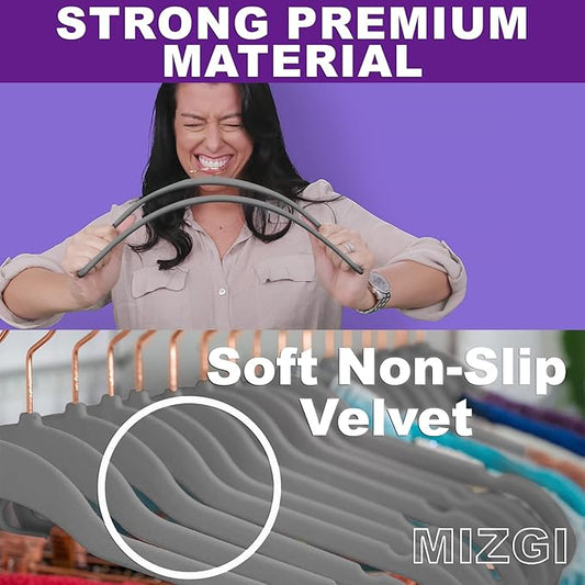 MIZGI Premium Velvet Hangers (50 Pack) Heavy Duty Non Slip Felt Hangers Gray,Rose Gold 360 Degree Swivel Hooks,Space Saving Clothes Hanger,Durable Strong Hanger for Suits,Coats,Pants & Dress