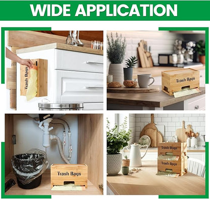 Kathfly 2 Pcs Bamboo Trash Bag Holder Dispenser Stackable Garbage Bag Dispenser, Large and Small Size Trash Organizer for Kitchen Laundry Under Sink, Wall Mounted or Freestanding