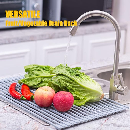 Silicone-Coated Stainless Steel Over The Sink Multipurpose Roll-Up Dish Drying Rack, 17.2"X12.2", Heat Resistant Non Slip Dish Draining Rack BPA Free Dishwasher Safe (S, Gray)