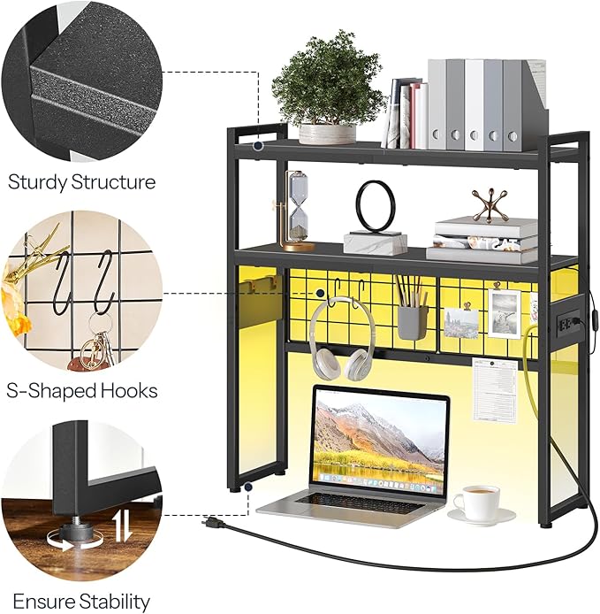 HOOBRO Desktop Bookcase, 2-Tier Office Desktop Organizer, 29.9" Wooden Storage Rack with Outlets, Display Shelf Rack with Light Strip, Desk Hutch for Office, Black BB11UDSJ01
