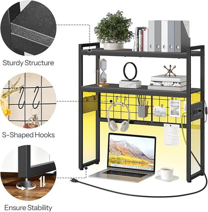 HOOBRO Desktop Bookcase, 2-Tier Office Desktop Organizer, 29.9" Wooden Storage Rack with Outlets, Display Shelf Rack with Light Strip, Desk Hutch for Office, Black BB11UDSJ01