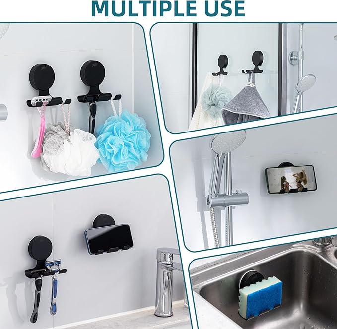 TAILI 2 Pack Powerful Suction Cup Razor Holder, 304 Stainless Steel Bathroom Suction Hooks for Towel, Loofah, Bathrobe, Stylish Shaver Holder for Shower Wall, Easy to Install and Reuse, Black