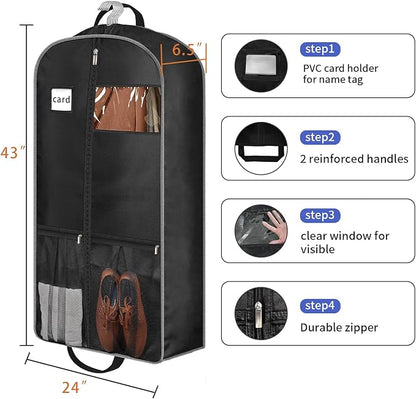43" Heavy Duty Garment Bags for Travel 6.5" Gusseted Suit Bags for Closet Storage 2 Handles Hanging Clothes Bag with Pocket Mens Suit Cover for Shirts, Coats, Dresses, Suit Holder, 2 Pack